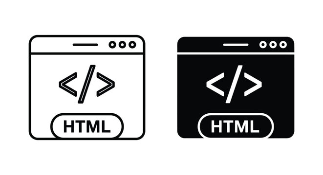 HTML code tag icon within browser window outline and solid versions vector graphic for programming web design development and markup language representation in user interfaces