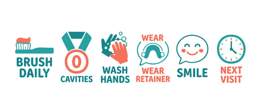 Dental hygiene icons set with health instructions for patients, showing brushing teeth, zero cavities, washing hands, wearing retainers, smiling, and scheduling next visit for oral care clinic design