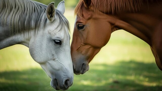 Closeup of a white horse and a brown horse touching noses in a gentle, affectionate gesture in a softfocus meadow