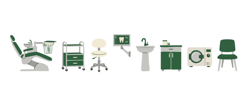 Dental office equipment icons set, professional medical furniture and tools for dentistry clinic, flat vector illustration of chair, sink, cabinet, sterilization unit and monitor on isolated white bac