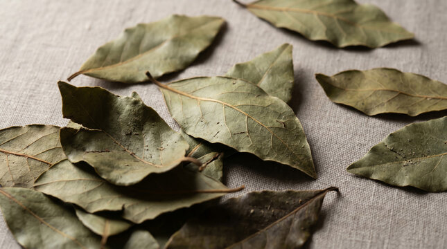 Dried bay leaves with oval shape and prominent midrib