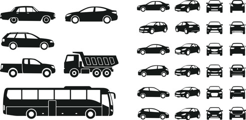 Car and commercial vehicle silhouettes collection featuring sedan suv pickup dump truck and bus vector transport icons © Limon