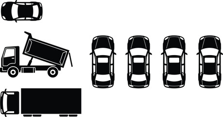 Car top view silhouettes with dump truck and cargo truck set for transportation logistics and traffic planning design © Limon