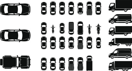 Top view vehicle silhouettes collection with cars motorcycles trucks vans and transport fleet icons in black vector set © Limon