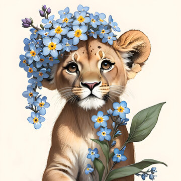 forget me not, a small lion cub  wearing grandiouse floral hat with the beatiful blue blooms