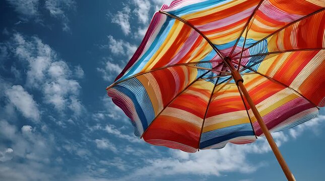 Bright Colorful Beach Umbrella Viewed Against Blue Sky with Scattered White Clouds