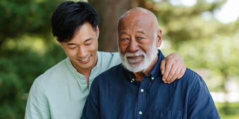 Fototapeta premium Younger man embracing older bearded man in park under trees