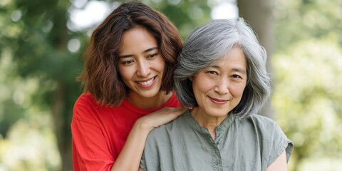 Fototapeta premium Young woman and older woman smiling together in park