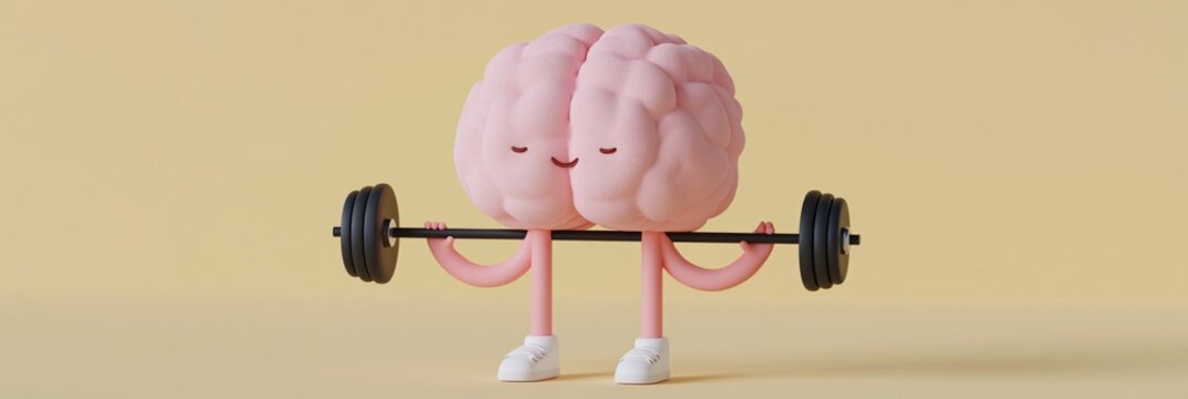 Cartoon brain lifting barbell in plain studio background
