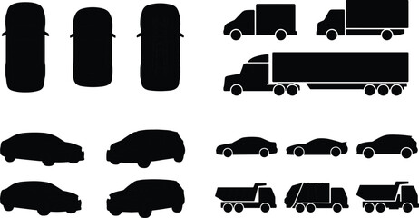 Vehicle silhouettes set including cars trucks vans and construction transport icons in clean black vector collection © Limon