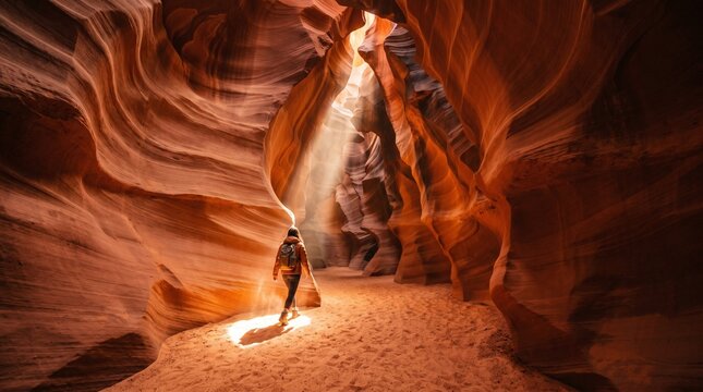 Hiker walking through a narrow orange sandstone slot canyon with sunbeams