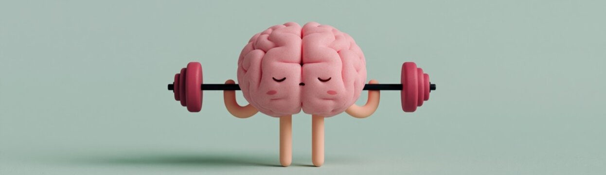 Cartoon brain performing overhead press with barbell in studio