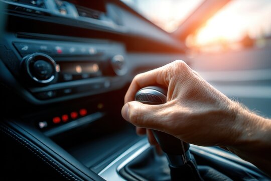Hand shifting gear stick in modern car interior sunset
