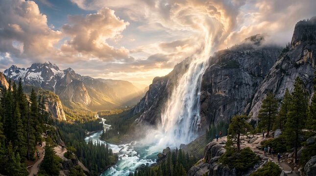 Majestic mountain waterfall landscape with sunset light in a canyon valley