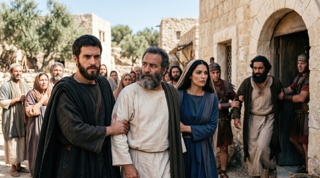 Saul of Tarsus leading an arrest of believers in Jerusalem. Biblical scene from Acts 9 depicting historical persecution of early Christians. Ancient Middle Eastern setting drama.