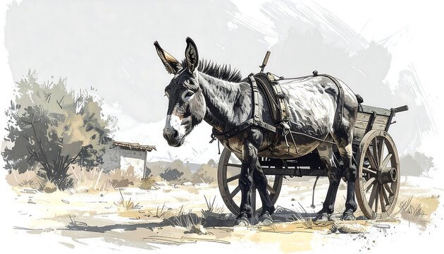 Donkey in harness attached to an old cart in arid setting