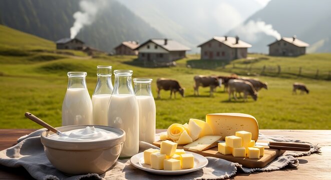 Dairy products on table.