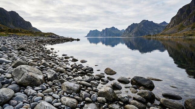 Scenic mountain peaks reflect on calm fjord water in Norway landscape