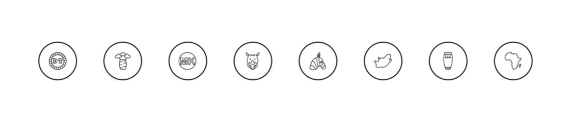 outline africa icons set - malawian kwacha, rhino, zebra. editable vector for web and mobile ui © IconArt