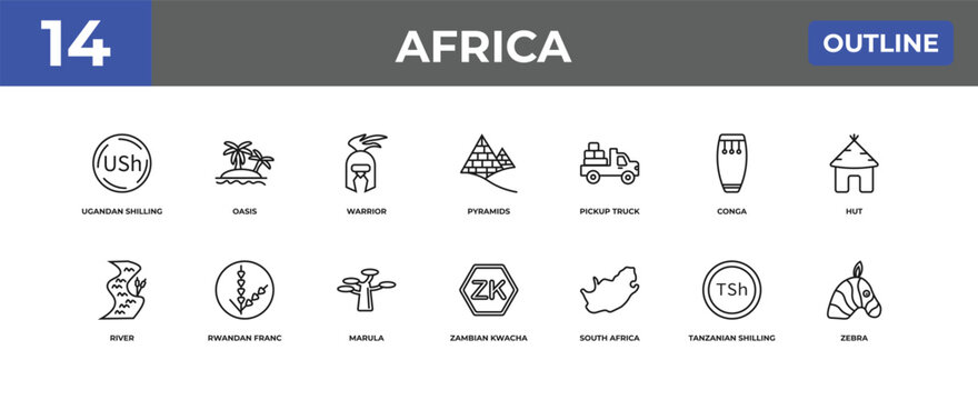 outline africa icons set - ugandan shilling, oasis, tanzanian shilling. editable vector for web and mobile ui