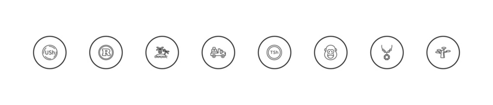 outline africa icons set - oasis, pickup truck, tanzanian shilling. editable vector for web and mobile ui