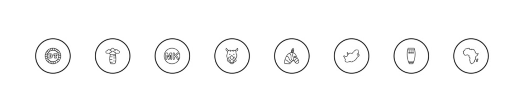 outline africa icons set - malawian kwacha, rhino, zebra. editable vector for web and mobile ui