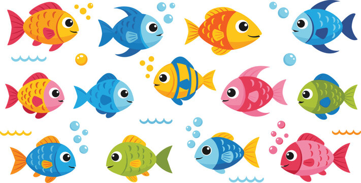 Cute colorful cartoon fish set with smiling tropical sea animals, playful characters and bubbles for kids design, aquarium themes and underwater illustration