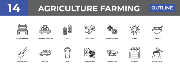 Naklejka premium outline agriculture farming icons set - garden bench, combine harvester, harvest. editable vector for web and mobile ui