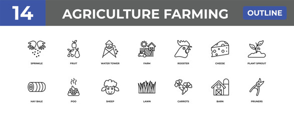 Fototapeta premium outline agriculture farming icons set - sprinkle, fruit, barn. editable vector for web and mobile ui