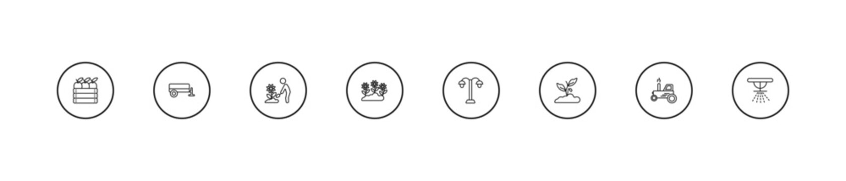 outline agriculture farming icons set - planting, garden, lamppost. editable vector for web and mobile ui