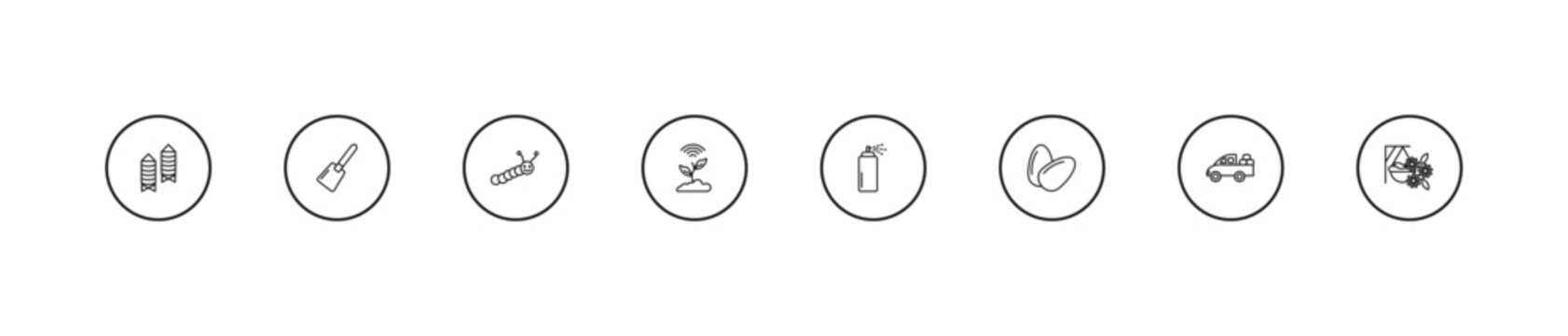 outline agriculture farming icons set - caterpillar, smart farm, sprayer. editable vector for web and mobile ui