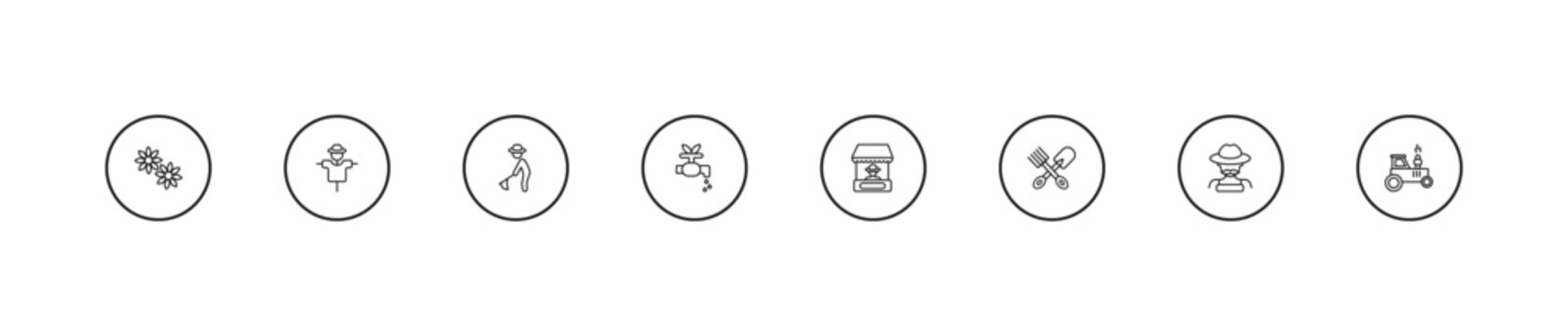 outline agriculture farming icons set - farmer hoeing, irrigation, stall. editable vector for web and mobile ui