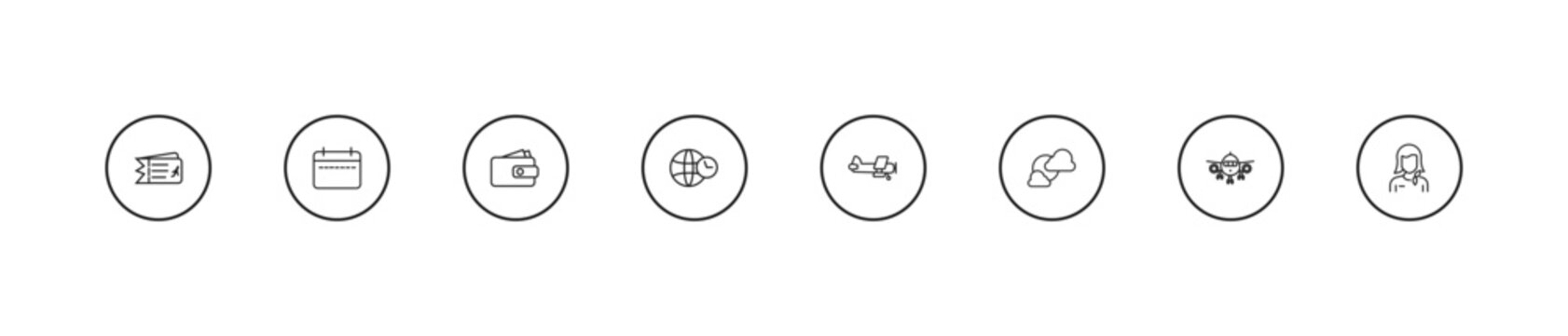 outline airport terminal icons set - purse with bill, time zones, old plane. editable vector for web and mobile ui