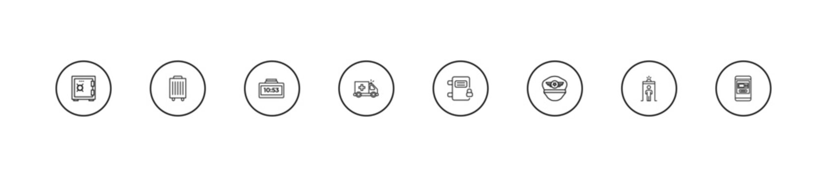 outline airport terminal icons set - terminal watch, emergency truck, airpot cupboard. editable vector for web and mobile ui