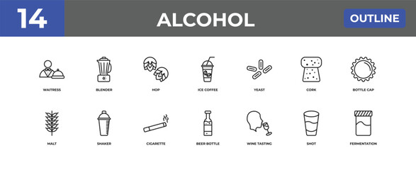 Obraz premium outline alcohol icons set - waitress, blender, shot. editable vector for web and mobile ui