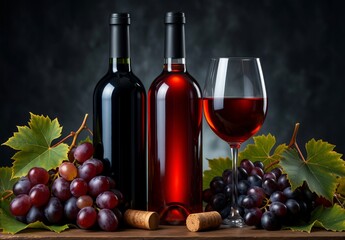 Obraz premium Red and rose wine bottles with fresh grapes and glass on dark background