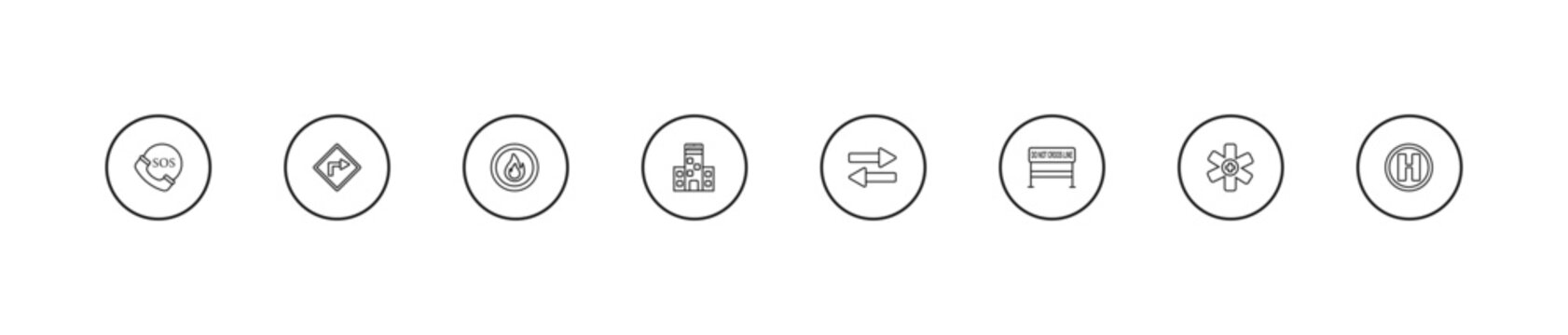 outline alert icons set - fire button, police station, two way. editable vector for web and mobile ui