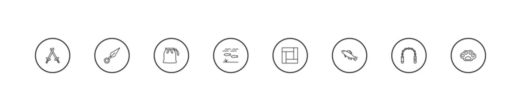 outline asian icons set - pouch, underwater, tatami. editable vector for web and mobile ui