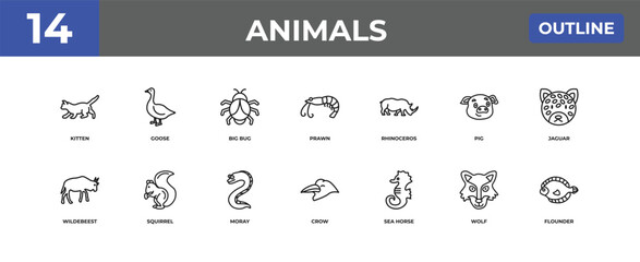 outline animals icons set - kitten, goose, wolf. editable vector for web and mobile ui © IconArt