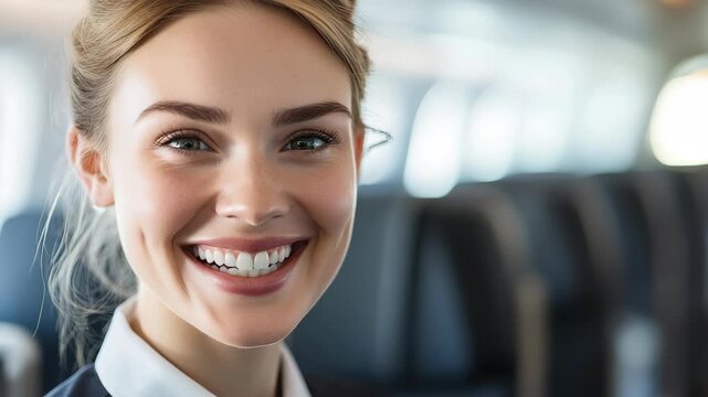 A flight attendant smiles and welcomes passengers inside the airplane. She checks in on people and shares safety information during the journey