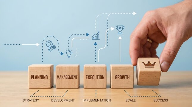 Wooden blocks displaying stages of business development are arranged in a row while a hand places the final block with a crown symbol, illustrating the journey from planning to achieving professional.