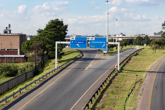 Road sign, Exiting R21 to OR Tambo International Airport or R24 Road in Isando Industrial