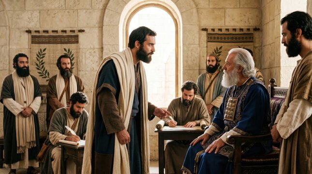 Saul talking to high priest in ancient temple. Biblical scene representing Acts 9 where Saul asks for letters to Damascus. Historical drama of religious authority, faith and conflict.