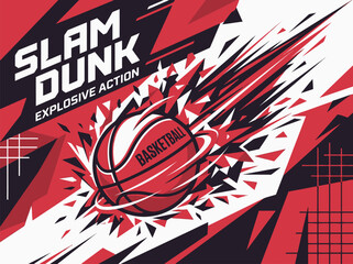 Slam Dunk Explosive Action Basketball Design in Red and Black with Aggressive Geometric Background for High Impact Sports Media ©  Yassine DS