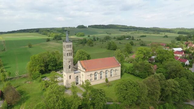 Detailed Drone Shot of Historic St. Nicholas Church in Oleszna Podg&oacute;rska - Izerskie