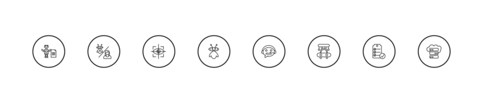 outline artificial intelligence icons set - eye tracking, robot assistant, technical support. editable vector for web and mobile ui
