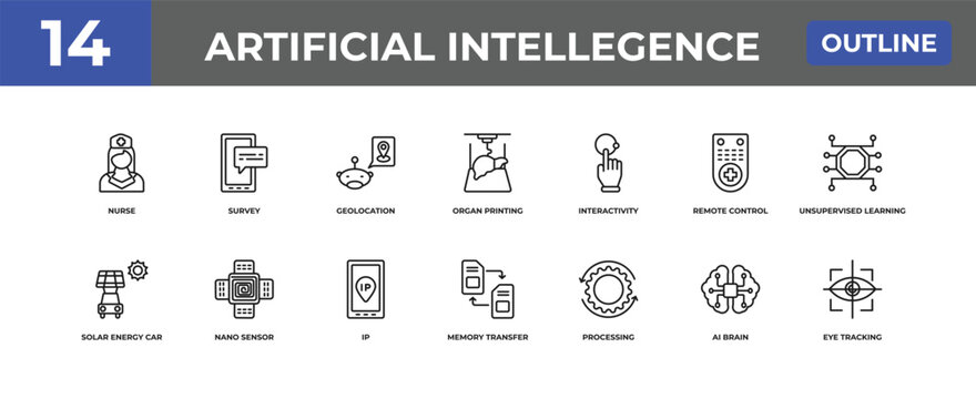 outline artificial intellegence icons set - nurse, survey, ai brain. editable vector for web and mobile ui