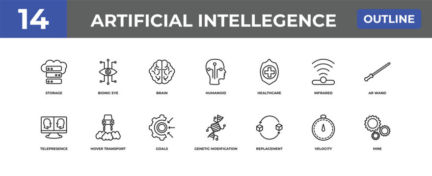outline artificial intellegence icons set - storage, bionic eye, velocity. editable vector for web and mobile ui