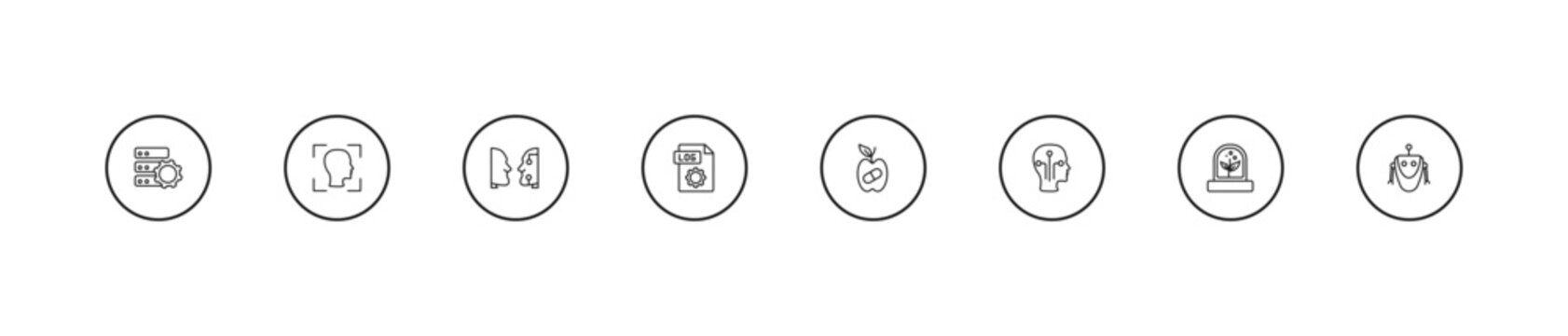 outline artificial intelligence icons set - turing test, log file, synthetic food. editable vector for web and mobile ui