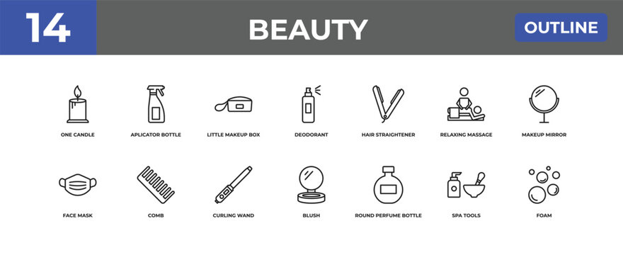 outline beauty icons set - one candle, aplicator bottle, spa tools. editable vector for web and mobile ui